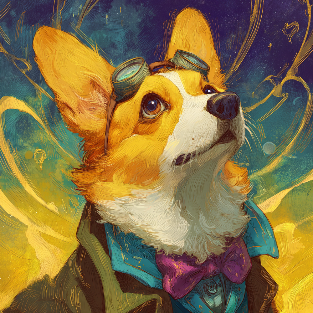 50x50cm diamond painting kit featuring a corgi with goggles and bow tie in a swirling galaxy. Square resin drills, soft canvas for cosmic pet fans.