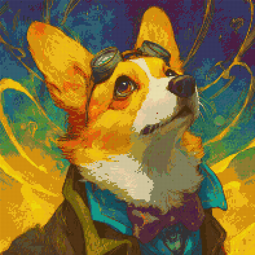 Preview of 50x50cm cosmic corgi diamond painting kit. Features galaxy backdrop, square resin drills, and soft canvas for whimsical DIY art.