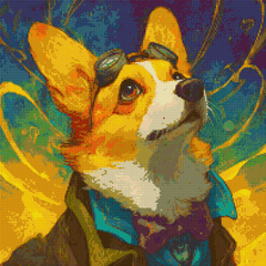 Preview of 50x50cm cosmic corgi diamond painting kit. Features galaxy backdrop, square resin drills, and soft canvas for whimsical DIY art.