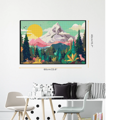 Sunrise Mountain Forest Flower diamond painting displayed as framed wall art in a modern interior, part of the Nature Series and Large Canvas Collection. This DIY kit captures a glowing sunrise shining over forest pines and colorful wildflowers, creating a fairytale-like natural landscape. With its premium resin drills and durable soft canvas, the finished artwork sparkles brilliantly, making it a striking centerpiece for living rooms, bedrooms, or offices. Suitable for beginners and experienced DIY enthusi