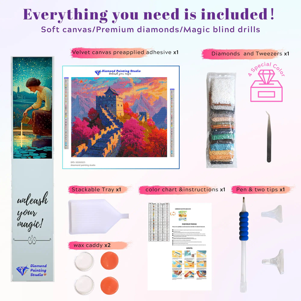 DIY diamond painting kit of the Great Wall landmark at sunset, includes canvas, drills, and tools, designed for beginners or experienced crafters, part of Nature & Autumn collection.