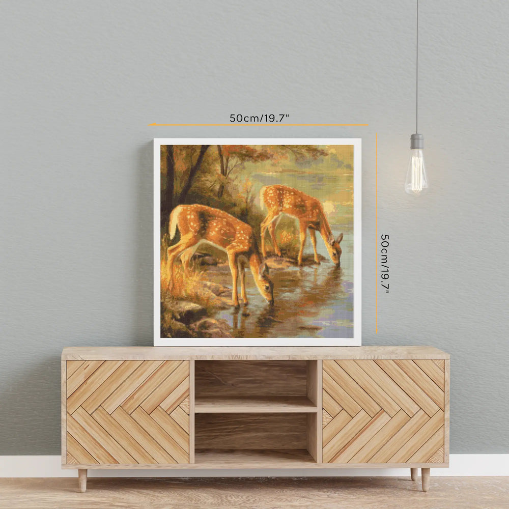 The completed and framed Tranquil Forest Friends Diamond Painting Set displayed as elegant wall art in a modern living space. This piece from the Nature Series adds a peaceful, handcrafted touch, perfect for decorating a cozy reading nook or a calm family room.