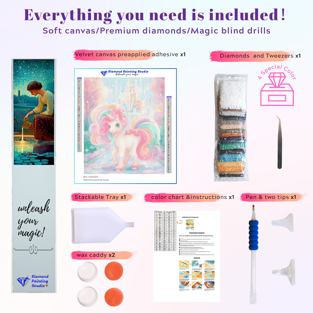 Complete diamond painting kit featuring unicorn and fairy designs, includes colorful drills, tools, and soft canvas.