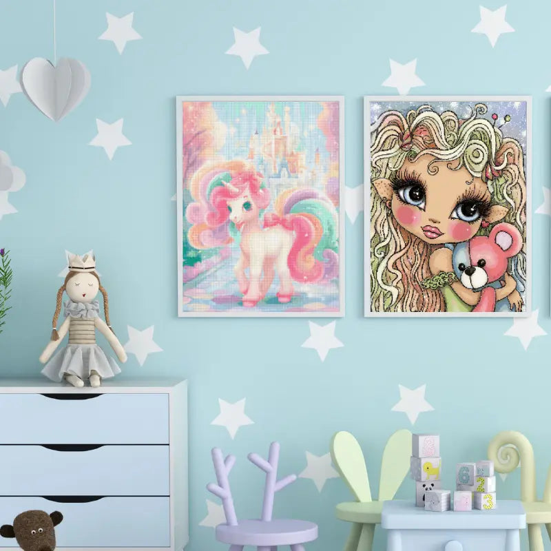  Unicorn and fairy diamond paintings hanging in a pastel children’s room, ideal for kids and dreamy room decoration.