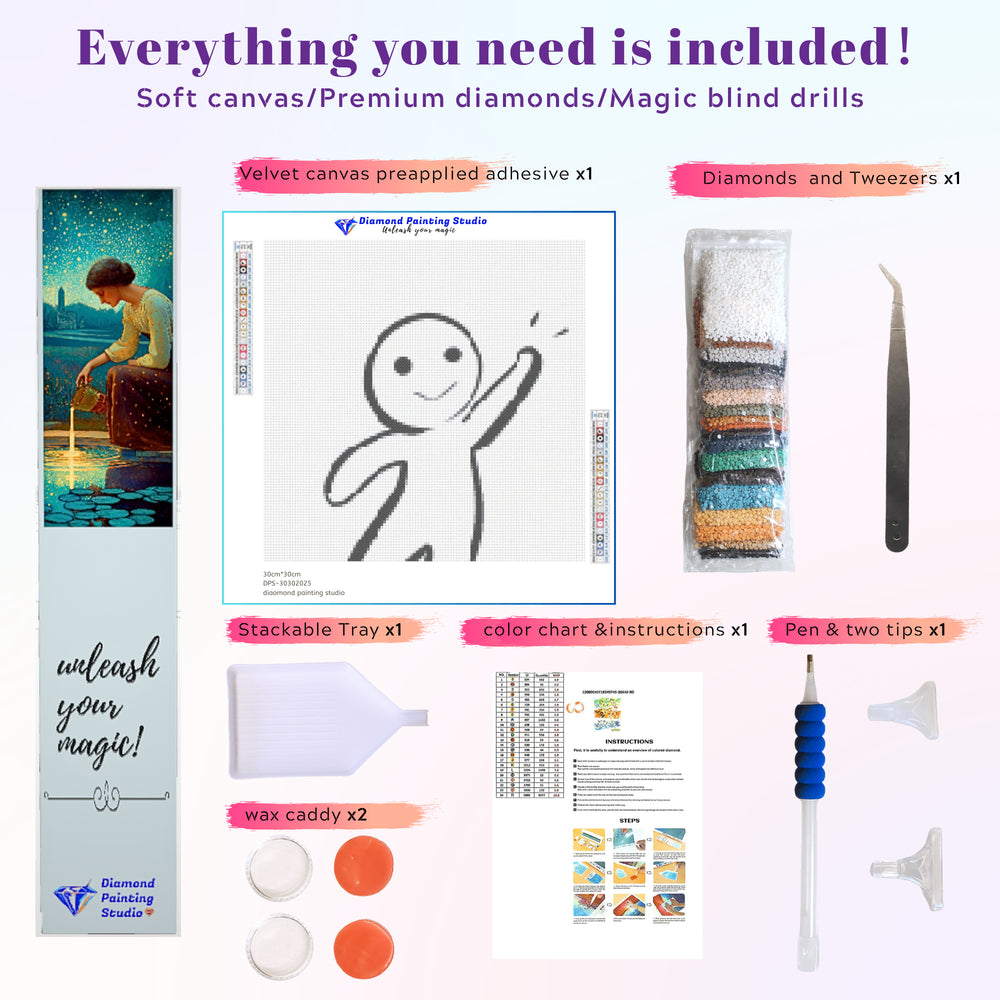 DIY diamond painting kit preview for the waving stickman design — fun gag gift or desk decor for fans of light-hearted, easy crafts.