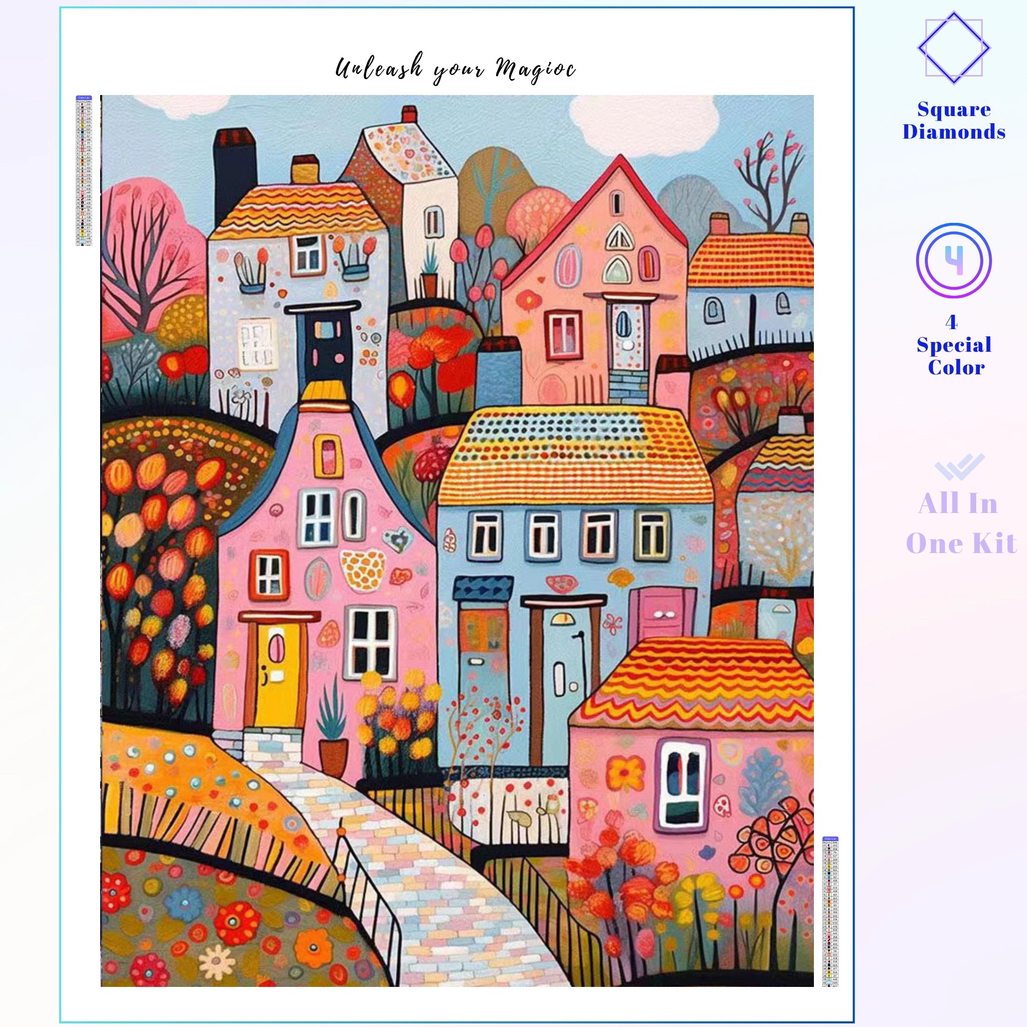 Whimsical Pink Blue Village