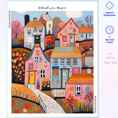 Whimsical Pink Blue Village