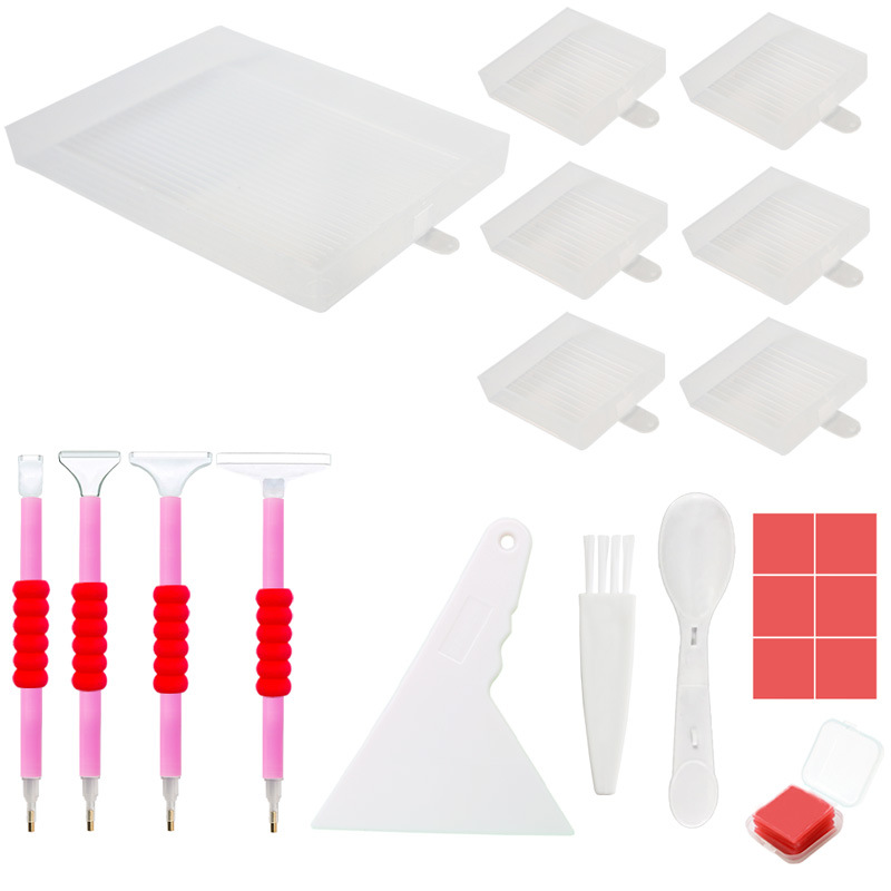 White diamond art organizer kit featuring trays, wax, pens, and ergonomic tools – great for a clean and focused DIY workspace.