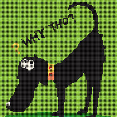 Complete diamond art kit preview showing the “Why Tho?” grumpy dog design with tools and resin drills — ideal for new crafters and humor lovers.