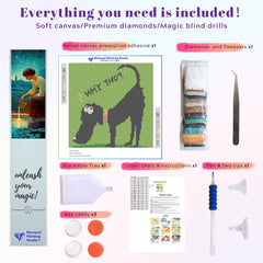 Tools and accessories for the funny dog diamond painting kit, including stylus pen, tray, and drills — perfect intro set for beginners or gift-givers.