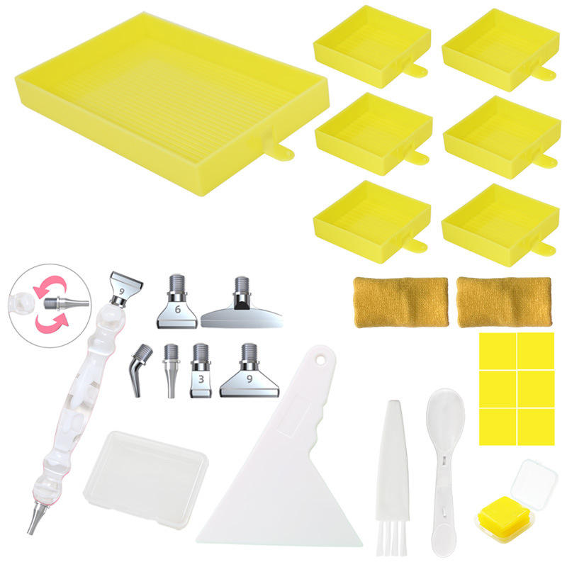 Yellow all-in-one diamond painting tool kit with wax, spoon, and 7 trays – great for travel, home, or crafting events.