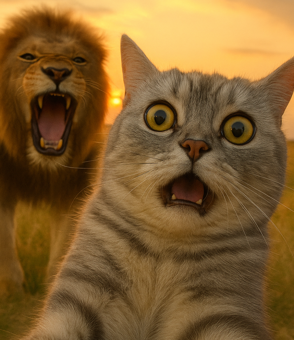 40x50cm diamond painting kit featuring a wide-eyed tabby cat taking a selfie with a roaring lion. Square resin drills and soft canvas for a hilarious DIY art project.