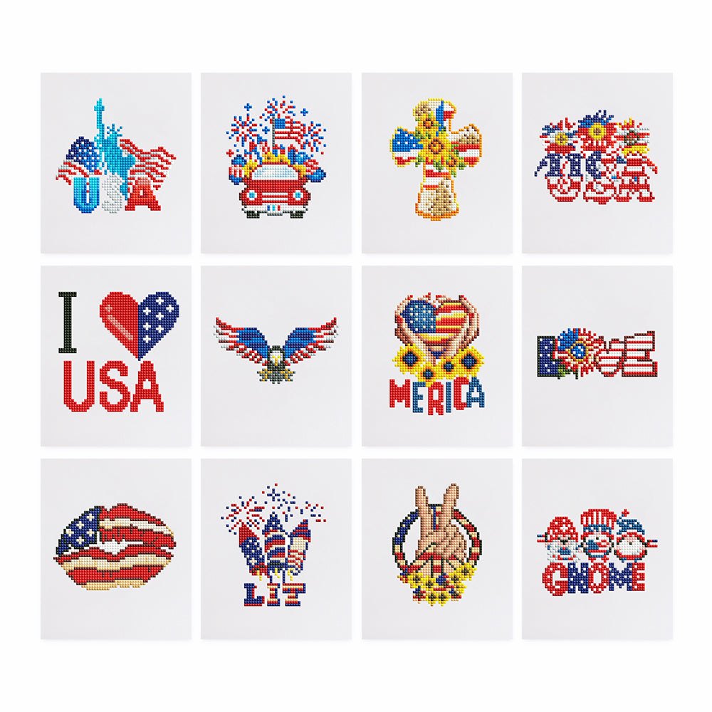 12 patriotic canvas patterns including flags, eagles, USA hearts, and gnomes from the All American Magic diamond painting kit