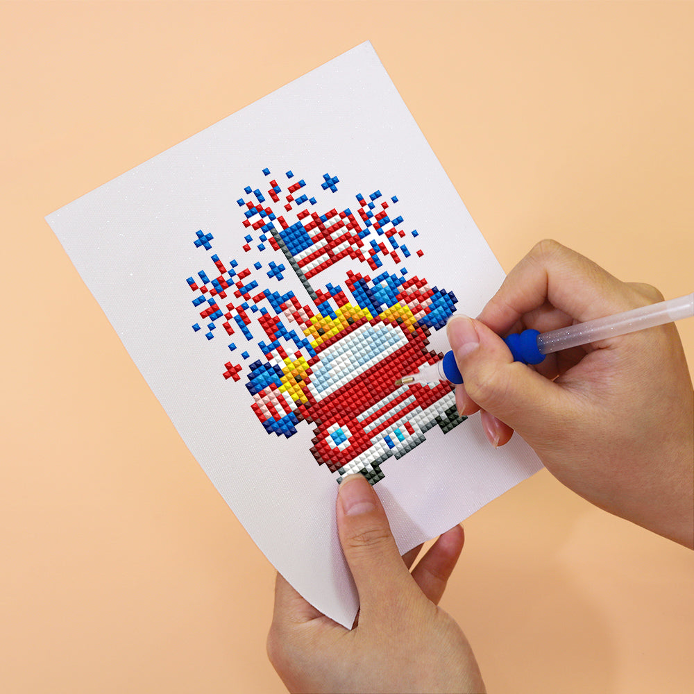 DIY process of the All American Magic diamond painting kit, showing application of resin drills on canvas with patriotic designs