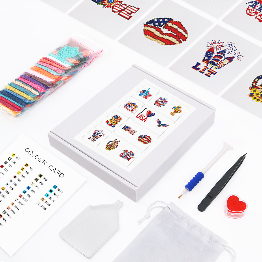 Flat lay of All American Magic diamond painting kit including canvas, tools, resin drills and accessories