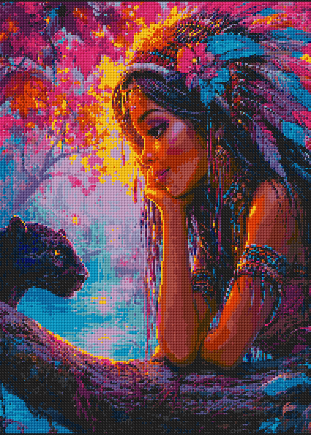 Preview of “Amazon Forest” diamond art kit featuring a jungle goddess with her panther. 50x70cm square canvas with vivid resin drills for DIY crafting.
