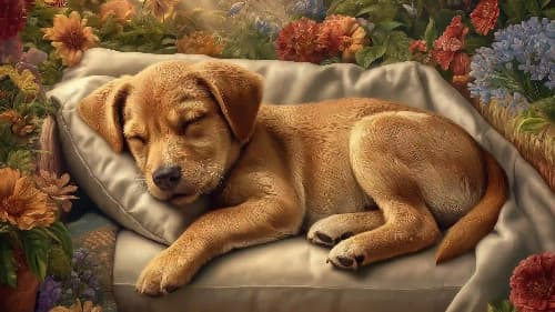 A peaceful diamond painting art kits scene shows a sweet puppy dog sleeping quietly among colorful flowers. This image captures calmness and the joy of creating peace.