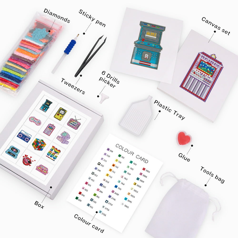 Close-up of Mini Kits canvas set showing arcade and slot machine designs, with diamond painting tools and accessories.