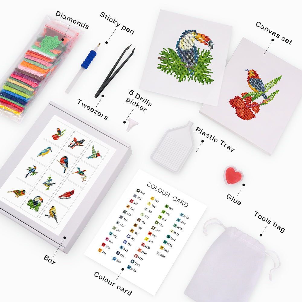 Complete diamond painting kit featuring colorful bird canvases, resin drills, tool bag, sticky pen, tweezers, color card, and glue.