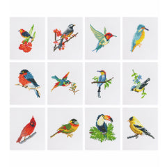 Complete set of 12 bird-themed diamond painting canvases featuring colorful species in pixelated style.