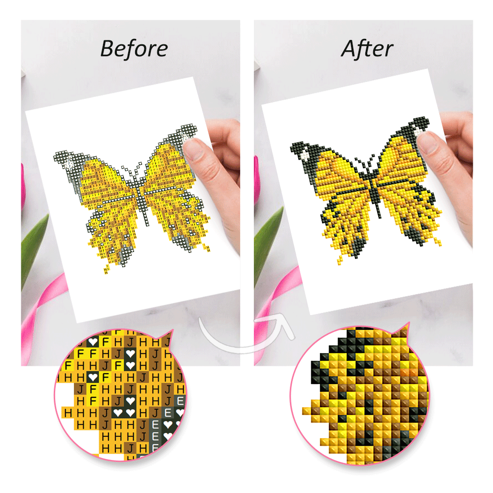 Before and after transformation of a yellow and black butterfly diamond painting – vibrant sparkle and stunning finish.it Features clear printed symbols and vibrant canvas