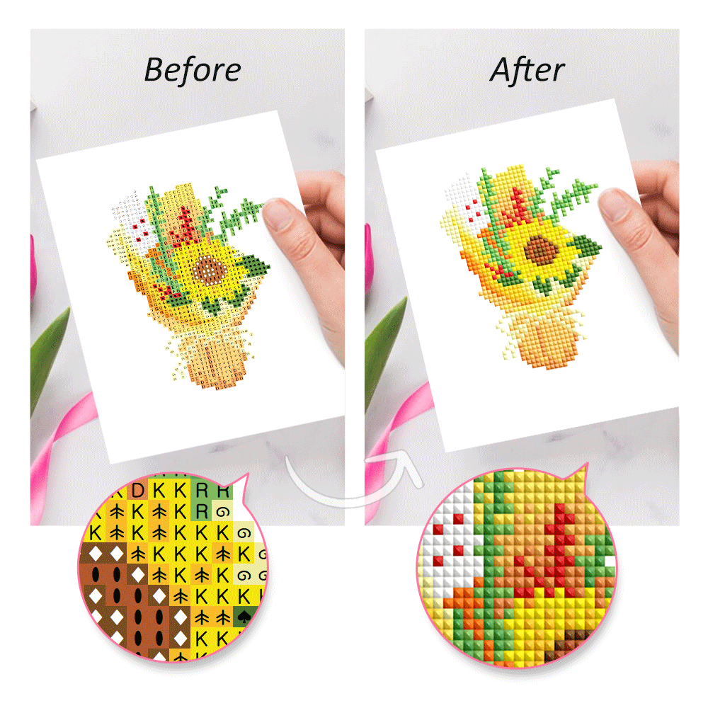 Before and after views of a birthday cake diamond painting—highlighting vibrant results from using premium resin drills.