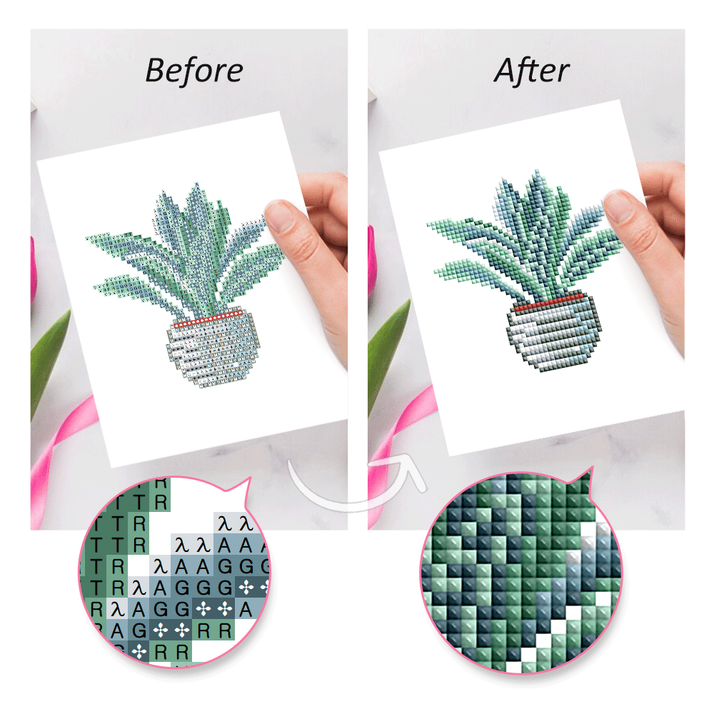 Before and after comparison of cactus and succulent diamond paintings – highlighting final sparkle finish.