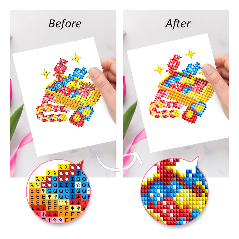 Before and after view of completed Christmas ornament diamond painting set. Great visual for easy transformation into festive home decor.