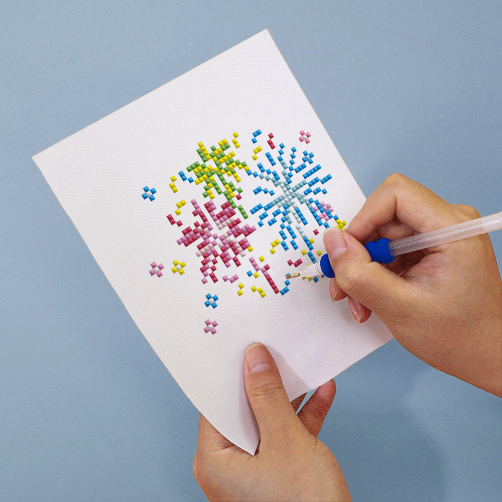 A hand creating a diamond painting of colorful birthday balloons—ideal for kids, party fun, or DIY crafting therapy.