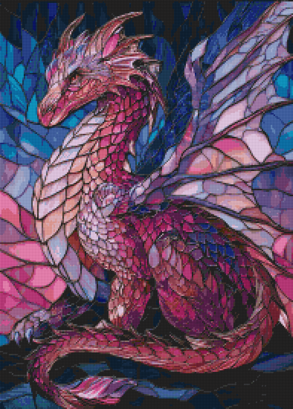 Preview of Blazing Dragon diamond art kit—majestic violet dragon with shimmering stained-glass textures. 50x70cm square canvas for DIY fantasy wall art.