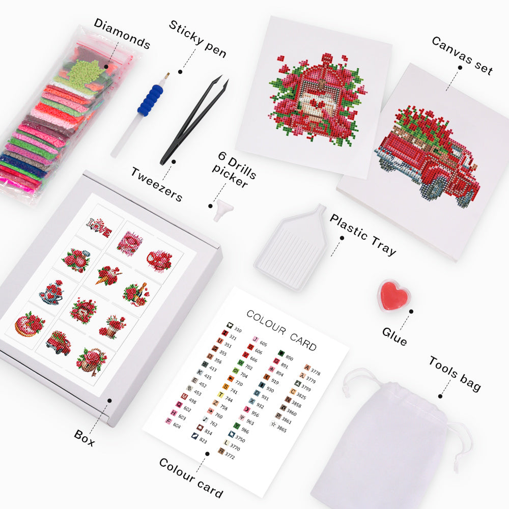 Complete Bloom & Bite mini diamond painting kit with all accessories – soft canvas, vibrant drills, and lovely rose-themed artwork in one box.