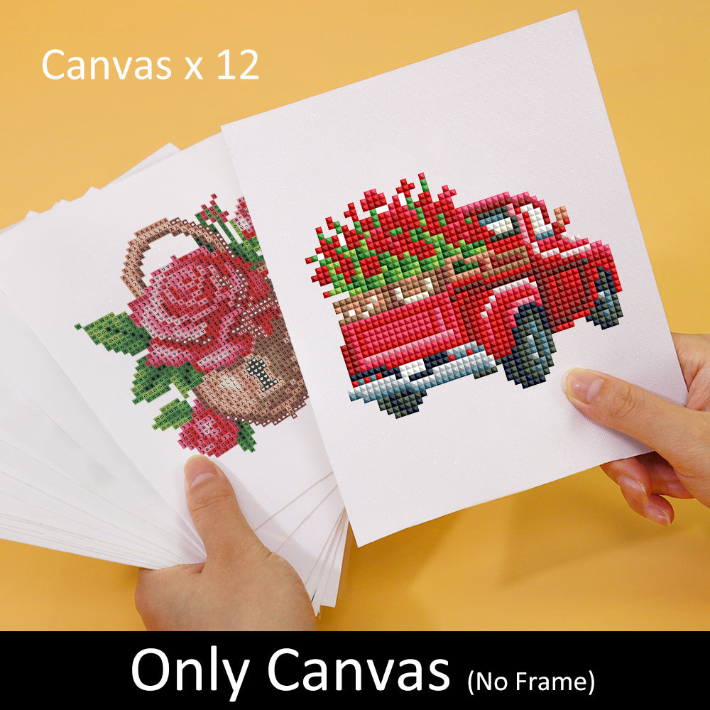 Flat lay of Bloom & Bite diamond painting kit including 12 canvas cards, resin drills, toolkit, and printed box – great for beginners.