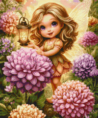 Preview of “Bloom Fairy” diamond art kit featuring a radiant fairy with a lantern in a floral garden. 50x60cm square canvas with resin drills for DIY enthusiasts.