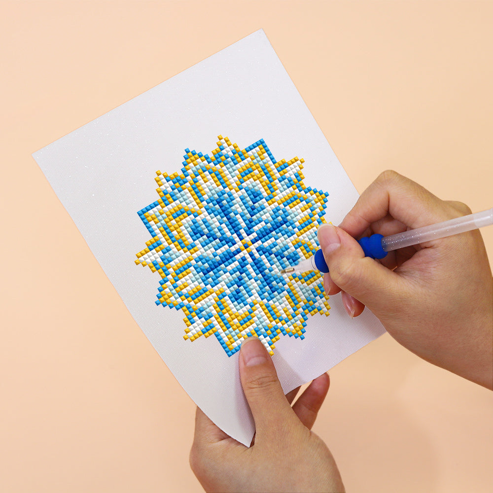 Colorful blue and yellow mandala design on canvas – perfect diamond painting kit for stress relief and self-care