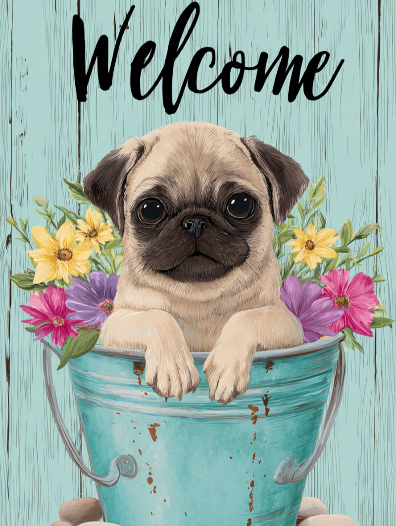 30x40cm diamond painting kit featuring a pug sitting in a flower bucket under a “Welcome” sign. Square resin drills, soft canvas—perfect for funny pet-themed wall decor.