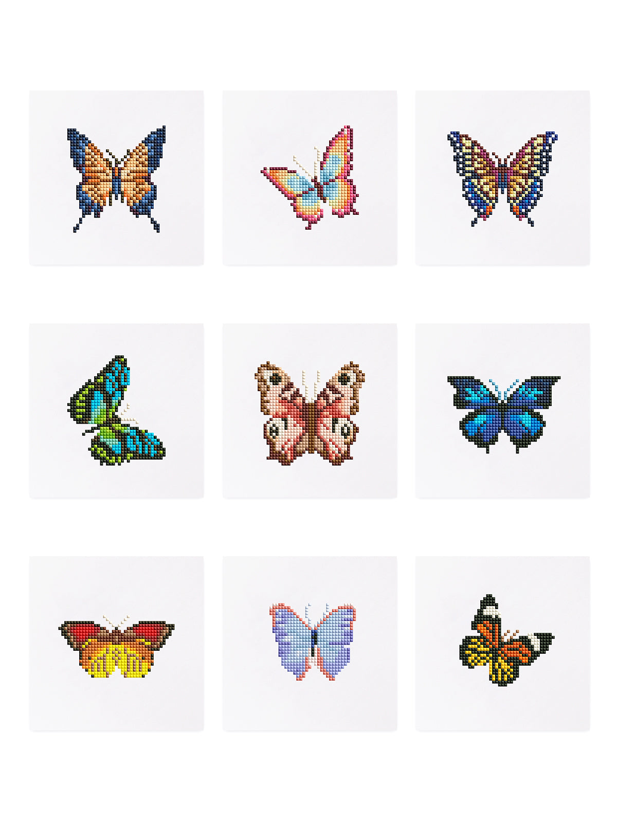 Set of 9 butterfly diamond painting designs on white canvas – colorful mosaic-style patterns ideal for custom DIY diamond art kits, featuring bright wings in orange, blue, pink, and green.

