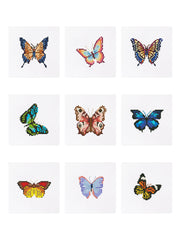 Set of 9 butterfly diamond painting designs on white canvas – colorful mosaic-style patterns ideal for custom DIY diamond art kits, featuring bright wings in orange, blue, pink, and green.

