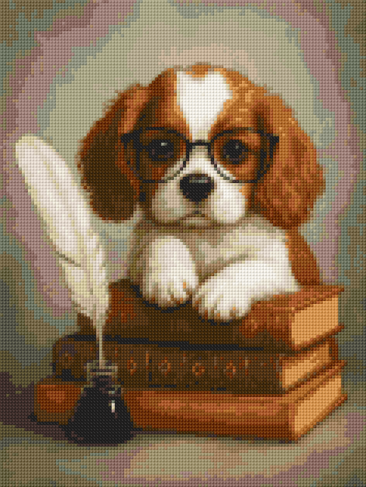 Preview of 30x40cm scholar dog diamond painting kit with books and inkpot. Fun square diamond art for whimsical home decor and DIY craft fans.
