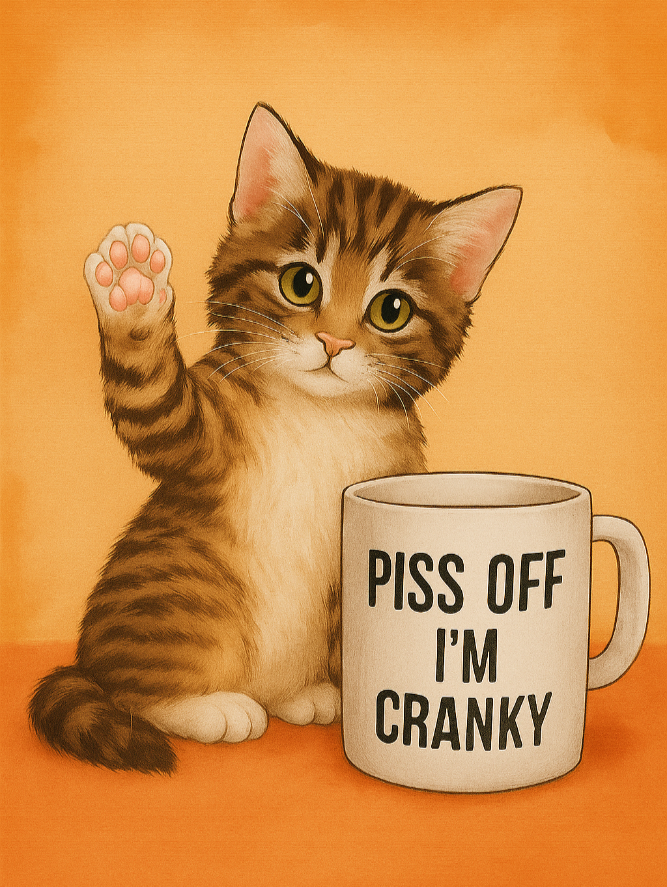 30x40cm diamond painting kit with grumpy tabby cat raising paw beside a mug that reads “PISS OFF I’M CRANKY”. Square resin drills, soft canvas, and fun DIY craft.