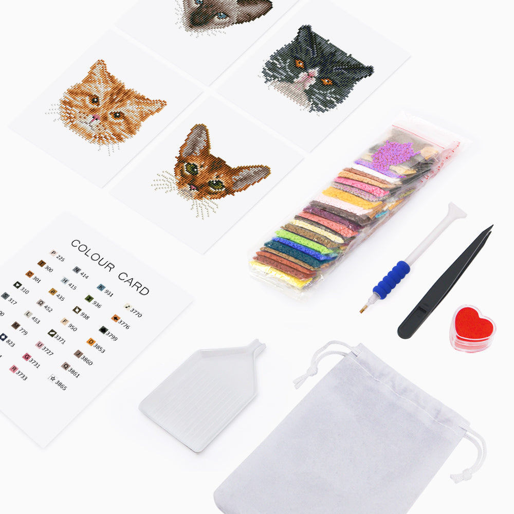 Complete cat diamond painting kit with canvas, drills, pen, tray, glue, and color chart – ready for relaxing DIY