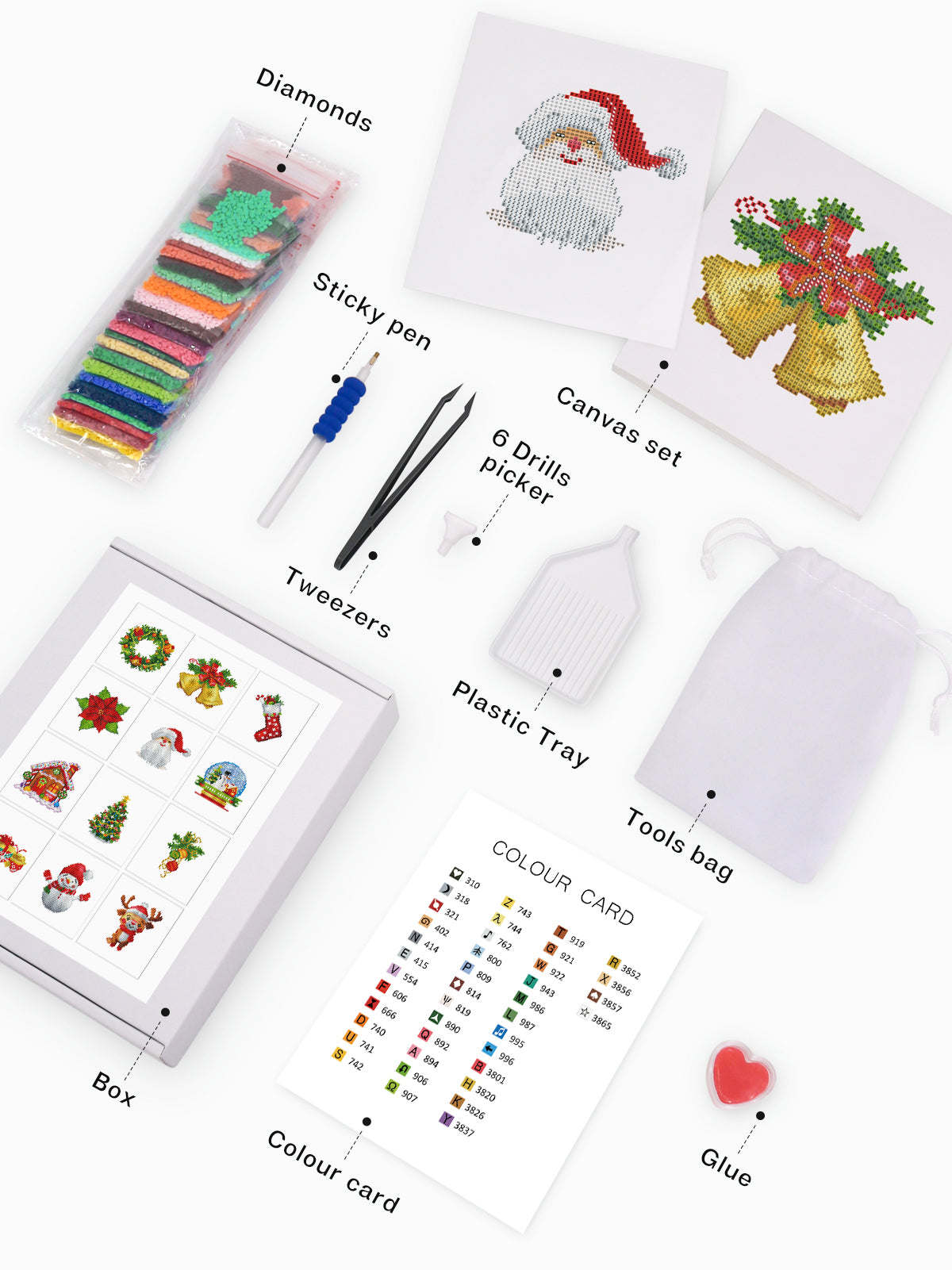 Flat lay image of all diamond painting supplies for Christmas mini kits, featuring festive designs and premium tools. Great for holiday DIY projects.