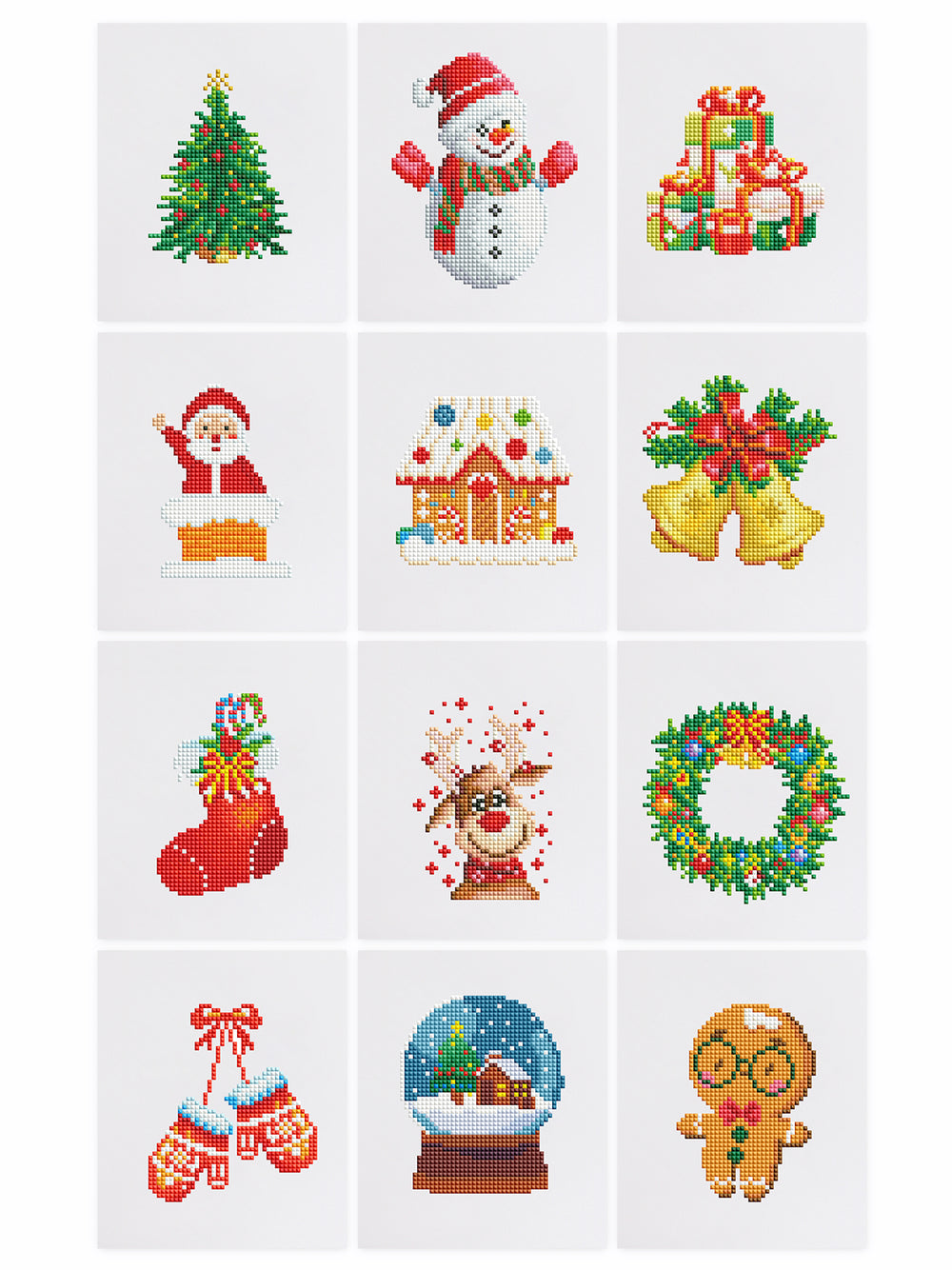 9 mini diamond painting patterns for Christmas including Santa, gifts, snow globe, and gingerbread.

