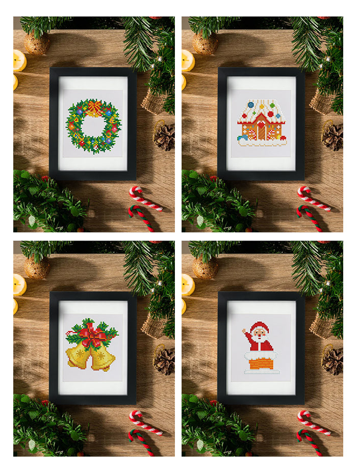 Gallery-style wall display of finished Christmas mini diamond paintings – perfect holiday decor.
