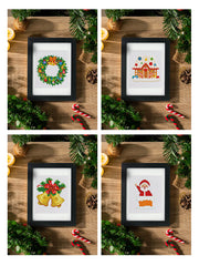 Gallery-style wall display of finished Christmas mini diamond paintings – perfect holiday decor.
