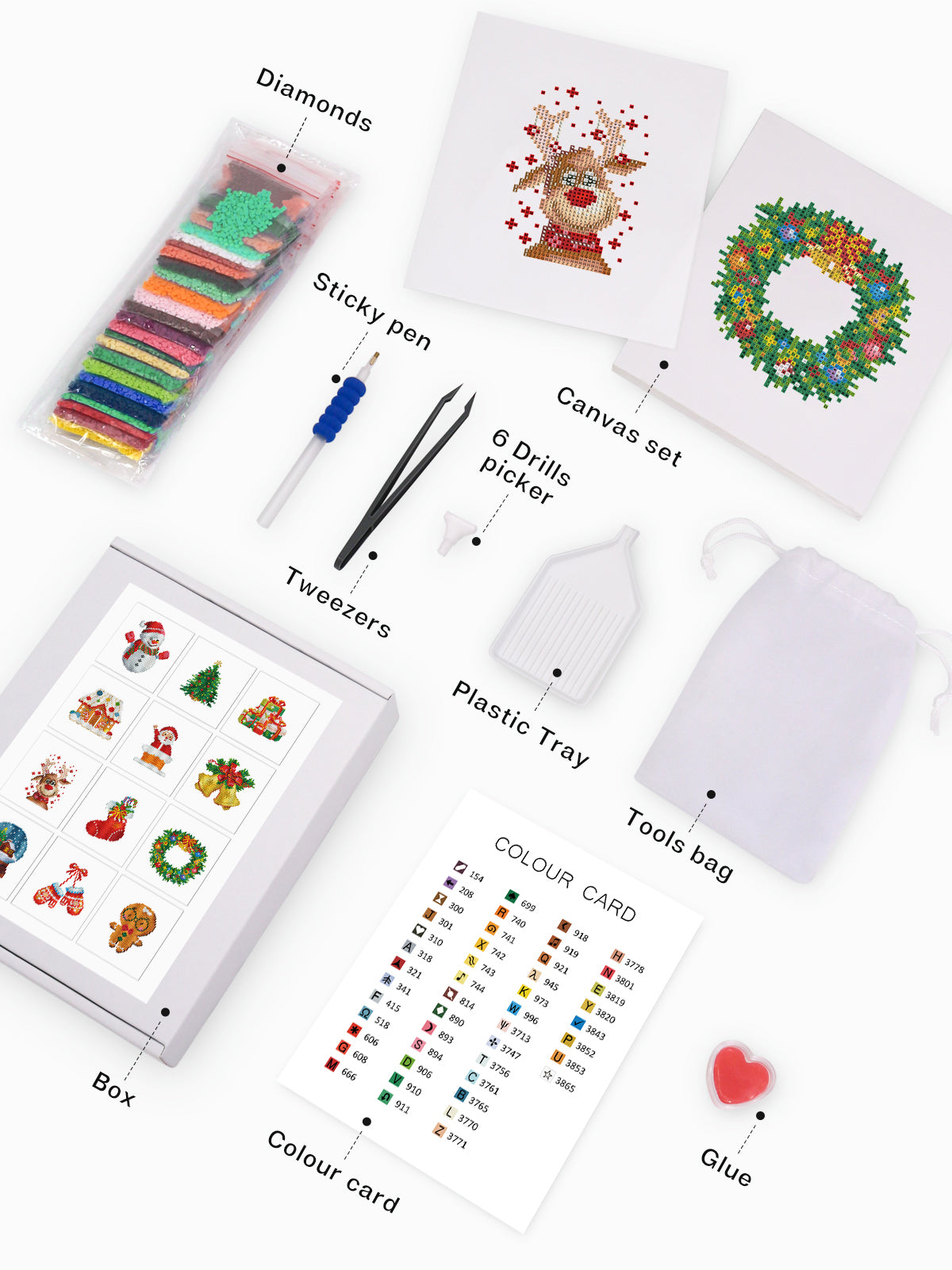 DIY mini Christmas diamond painting set with color-coded drills, canvas, pen and glue.

