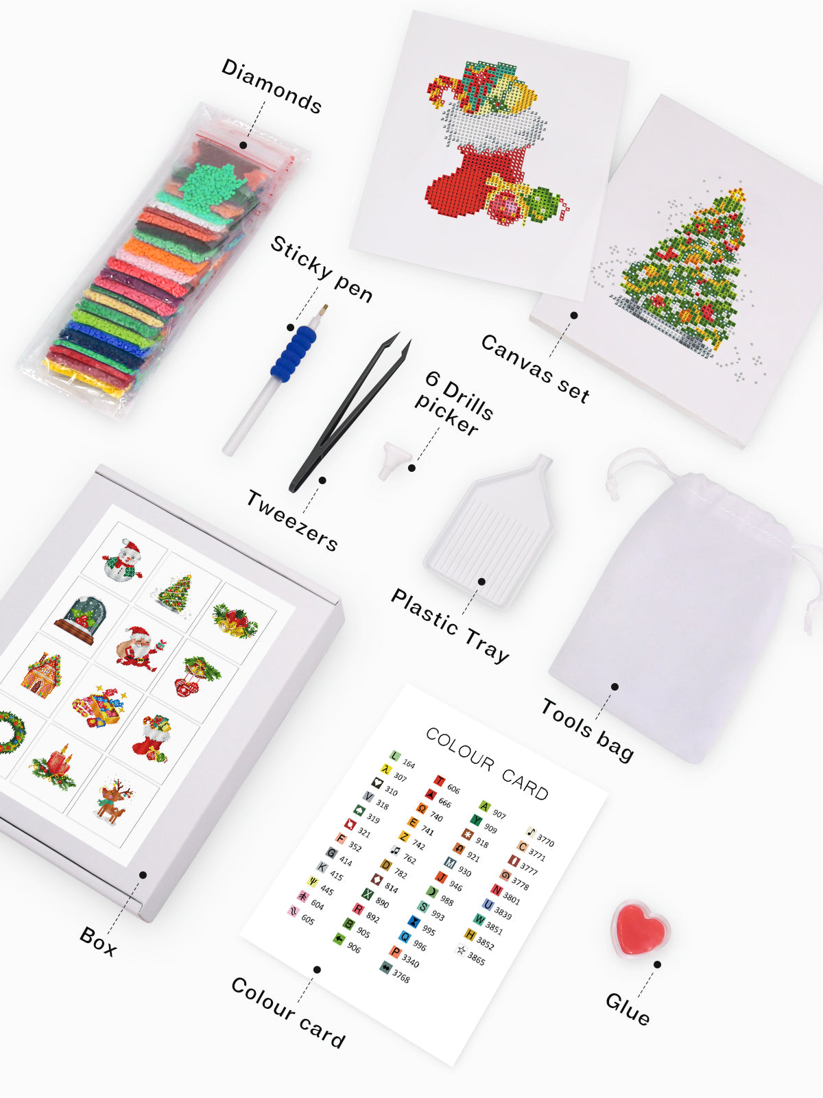 Flatlay of complete mini diamond painting kit featuring tools, canvas, and colorful resin drills. Great as a Christmas craft starter gift.