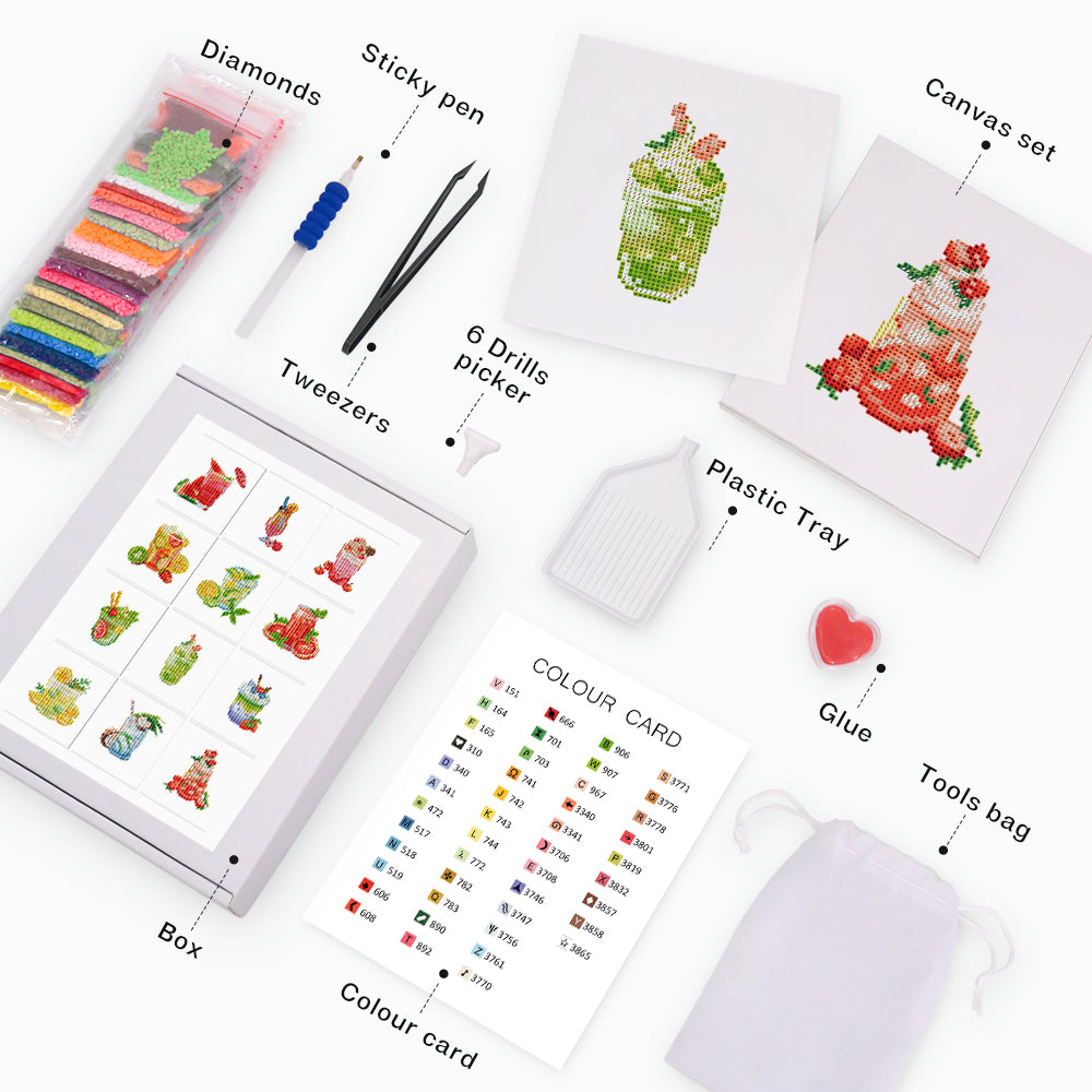 Flatlay of all kit components: cocktail drink canvases, resin diamonds, sticky pen, tweezer, glue & tray—ideal for creative parties.
