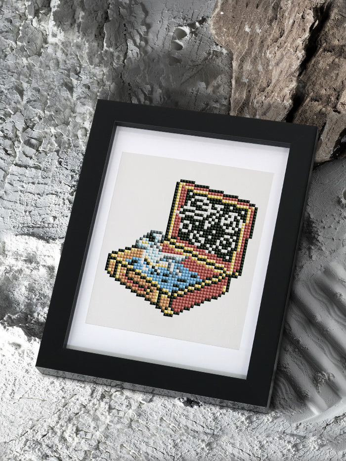 Framed cosmic cat diamond painting with crystals and grey space textures – quirky and calm setting.
