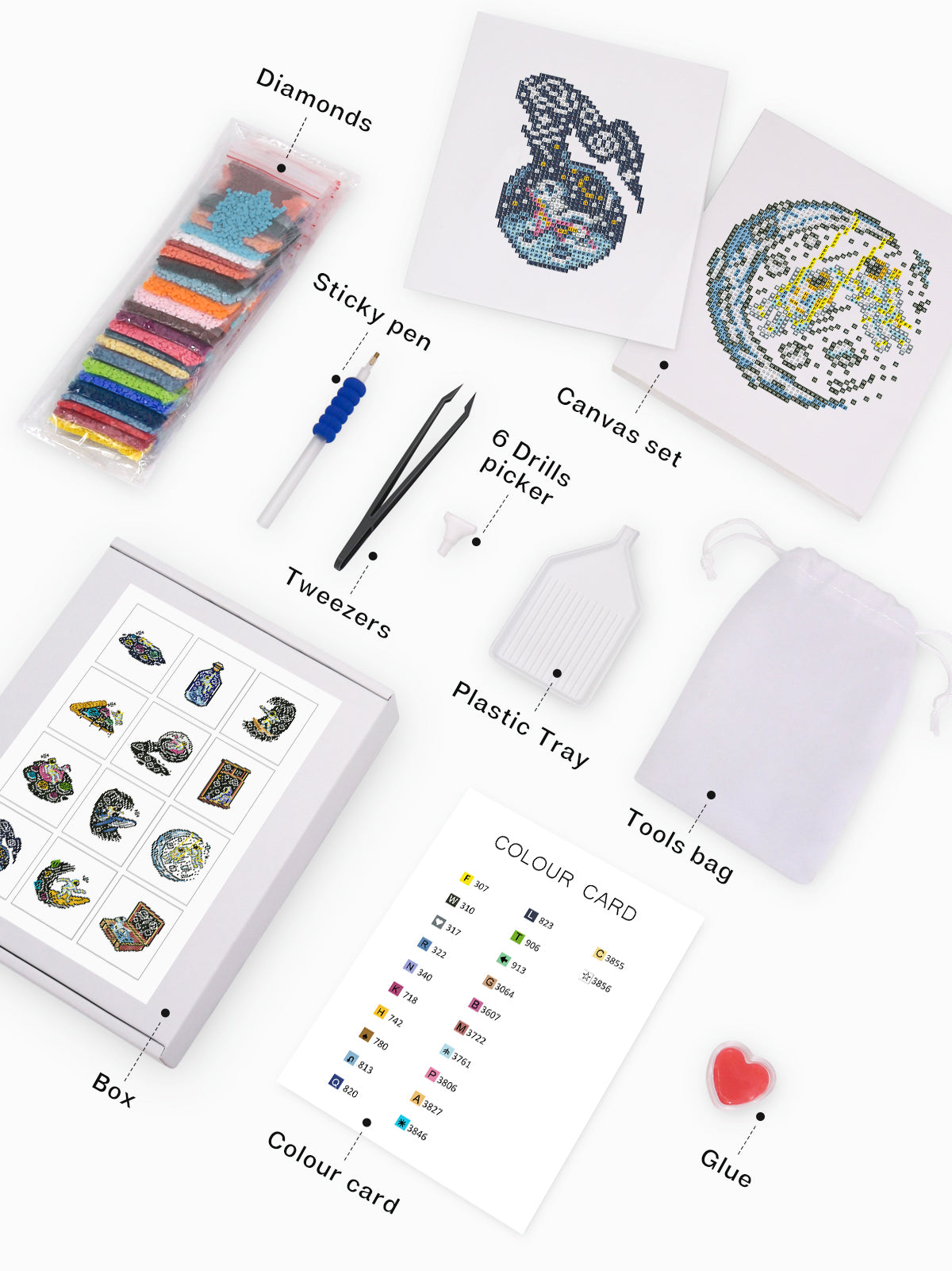 Diamond painting starter set contents for Cosmic Adventures – tools, color chart, canvases.
