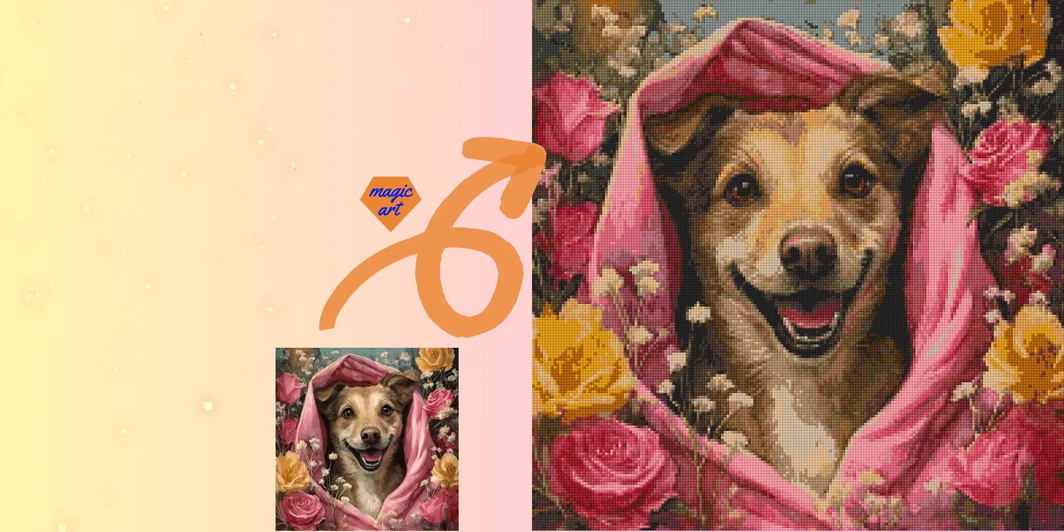 A custom diamond painting of a pet dog was created for a client. The painting perfectly replicates the photo the client sent. The dog, wearing a red scarf, smiles happily amidst roses. Diamond Painting Studio's skilled team can turn pet photos, kids' photos, and special photos into diamond paintings. These make great gifts and keepsakes.